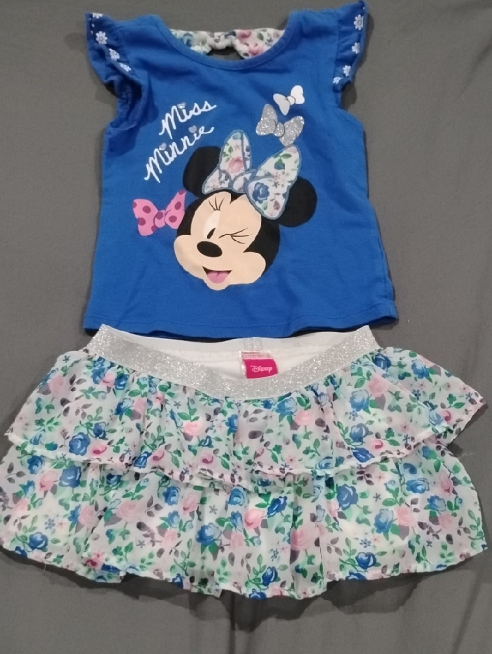 Disney Blue Miss Minnie Floral Bow Tee with Ruffled Floral Skirt